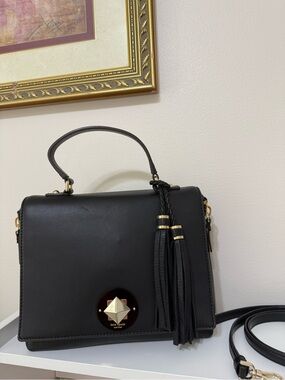 kate spade Abbie Varick Street Black Leather Satchel with Tassel Accent